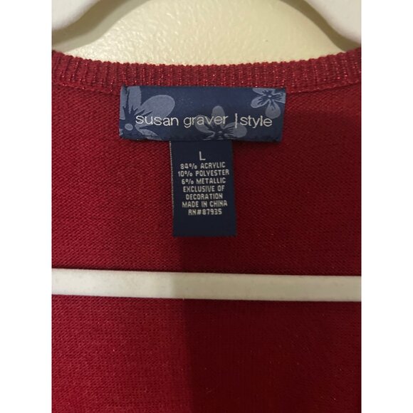 Susan Graver Red Beaded Short Sleeve Sweater & Open Cardigan Set L Acrylic Blend - Picture 10 of 15